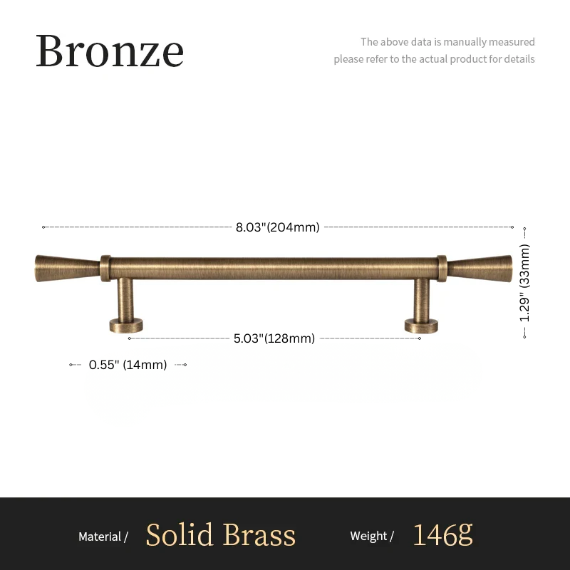 Measurement chart of a bronze cabinet handle with dimensions and material details.