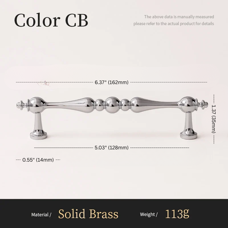 Measurement chart of a solid brass cabinet handle with dimensions and material details.