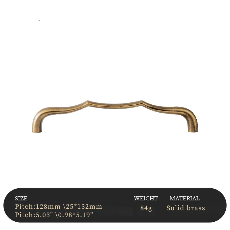 Bronze cabinet handle with specifications on a white background