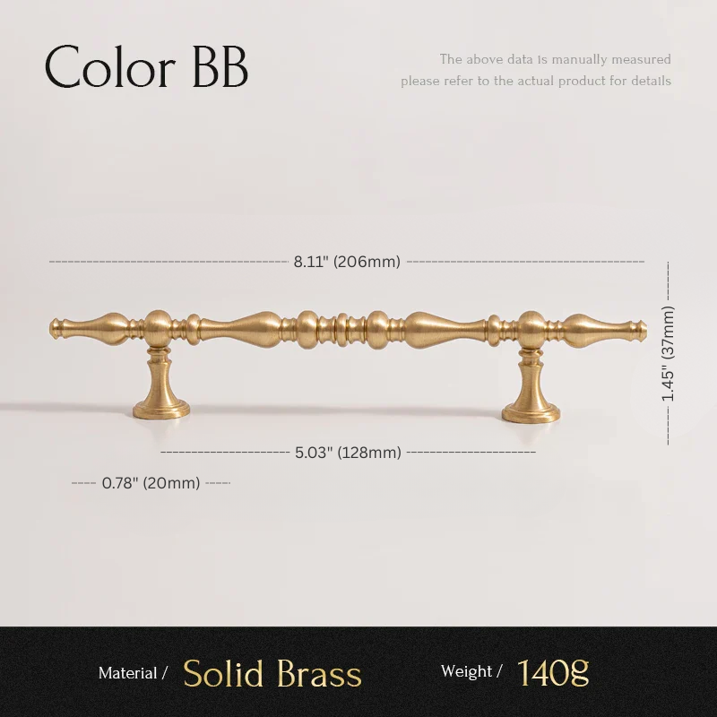 Solid brass cabinet handle with dimensions and material details on a light background