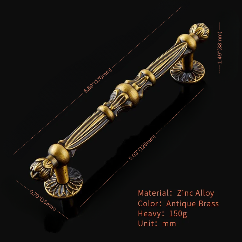 Decorative brass handle on a black background with measurements and material details.