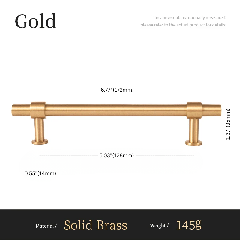 Gold cabinet handle with dimensions and material details on a white background