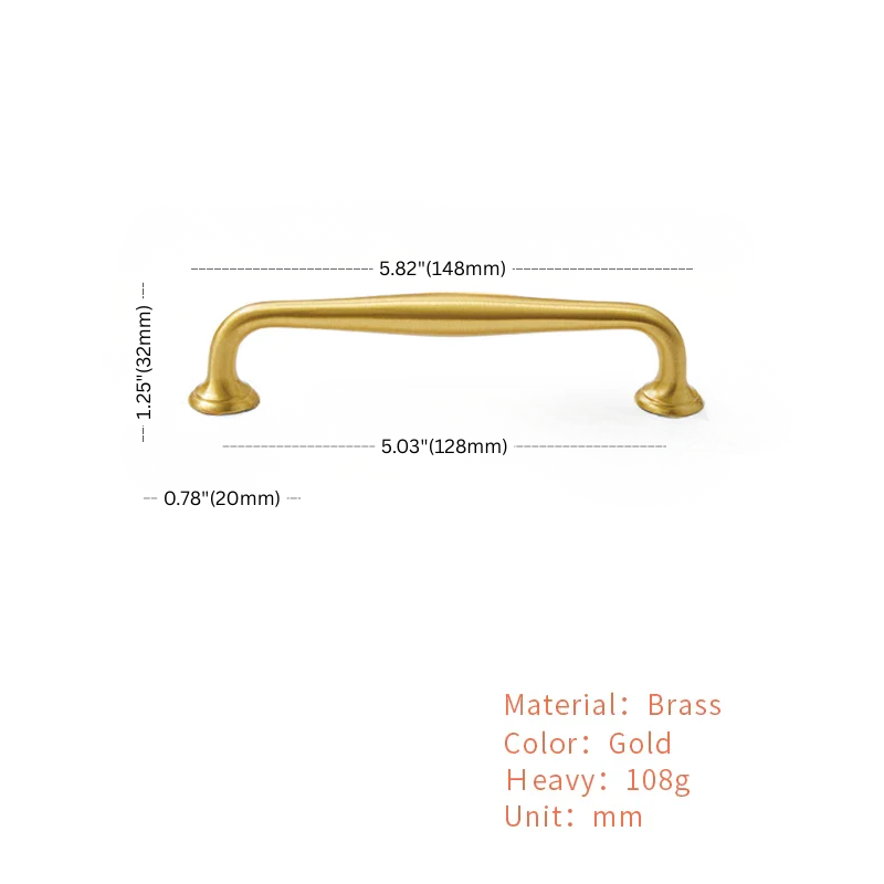 Gold cabinet handle with dimensions and material details on a white background