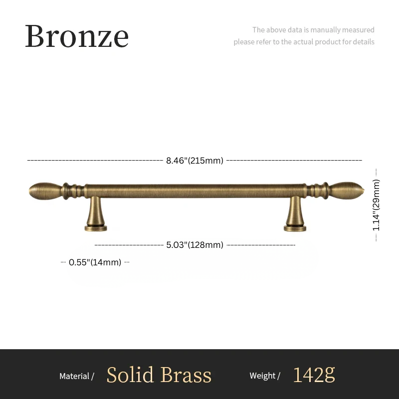Bronze cabinet handle with dimensions and material details on a white background