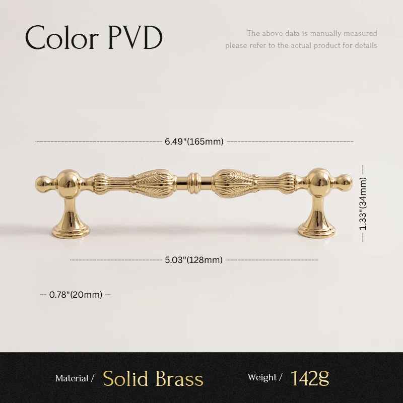 Gold cabinet handle with dimensions and material details on a white background