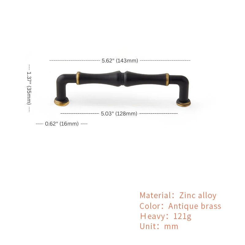 Black cabinet handle with measurements and material details on a white background