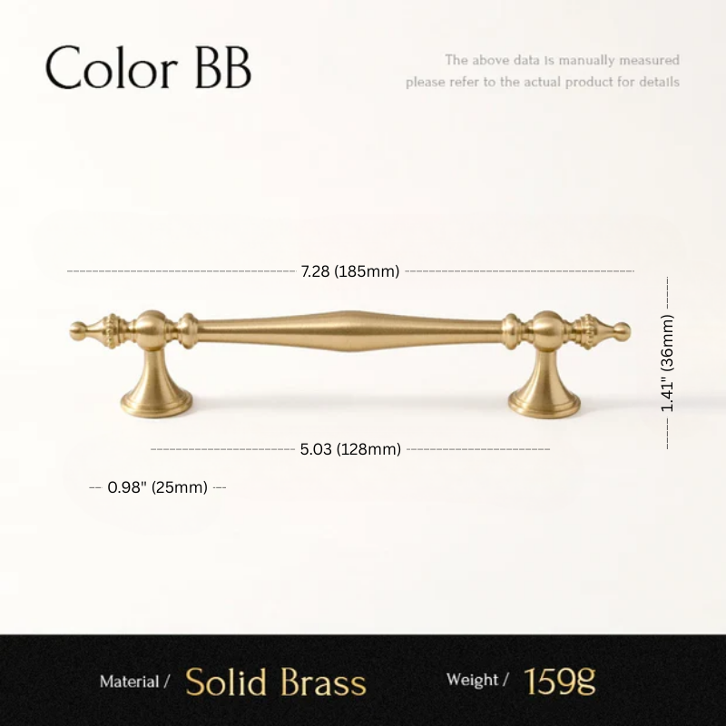 Solid brass cabinet pull with dimensions and material details on a white background