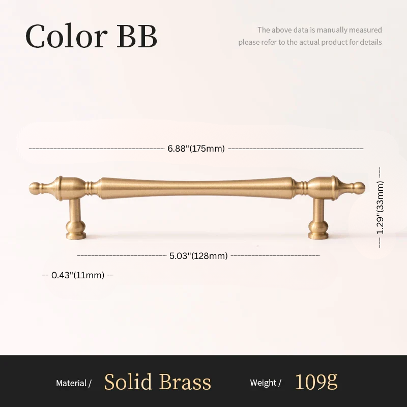 Solid brass cabinet handle with dimensions and material details on a white background