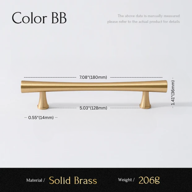 Gold cabinet handle with measurements on a white background