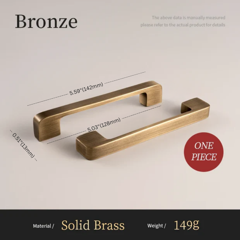 Bronze cabinet handle with measurements and material details on a beige background