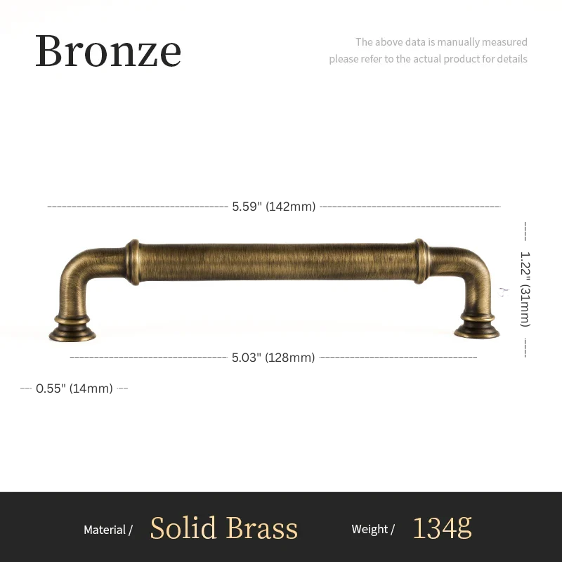 Bronze cabinet pull with dimensions and material details on a white background