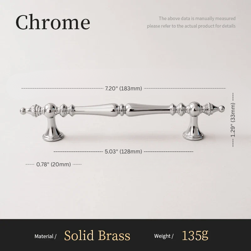 Chrome cabinet handle with dimensions and material details on a white background
