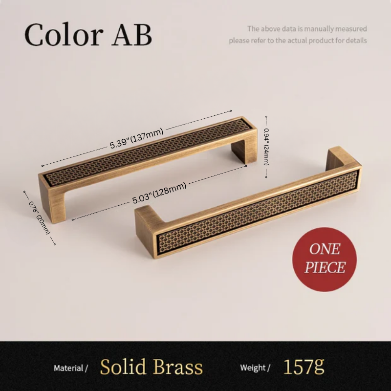 Two solid brass handles with measurements on a light gray background