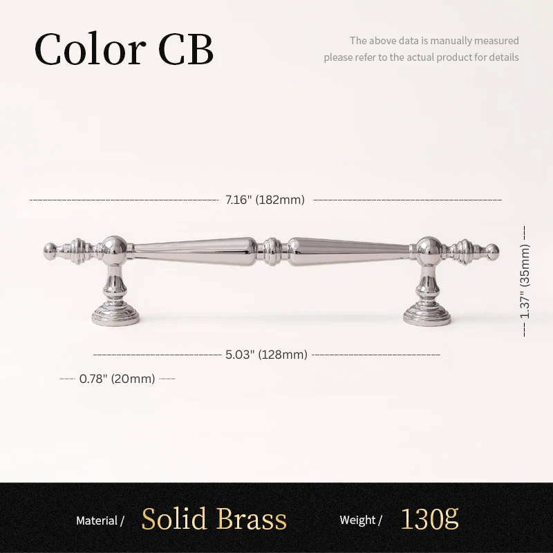 Measurement chart of a solid brass handle with dimensions and material details.