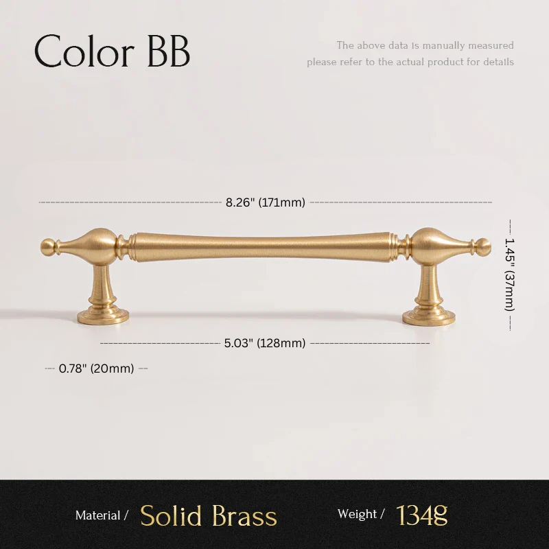 Gold cabinet handle with measurements on a white background