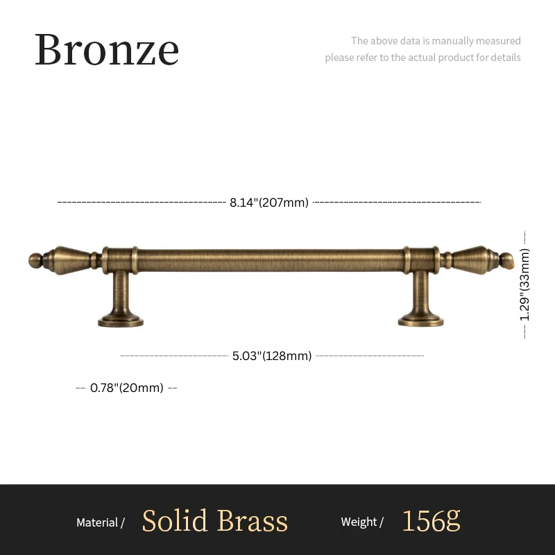 Bronze cabinet handle with dimensions and material details on a white background
