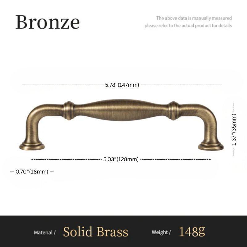 Bronze cabinet handle with dimensions and material details on a white background