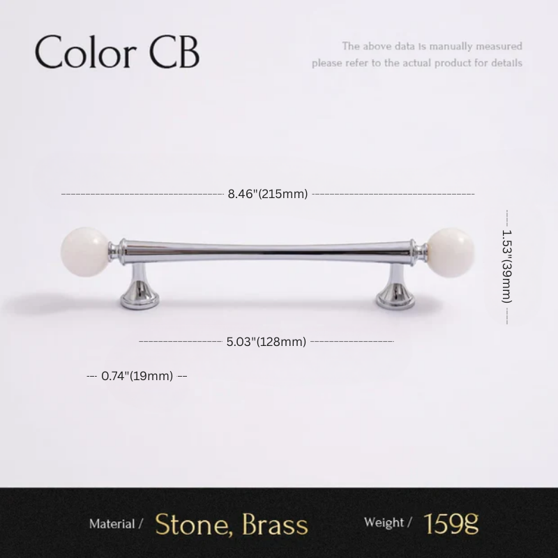 Measurement chart for a decorative bar with stone and brass components on a white background.