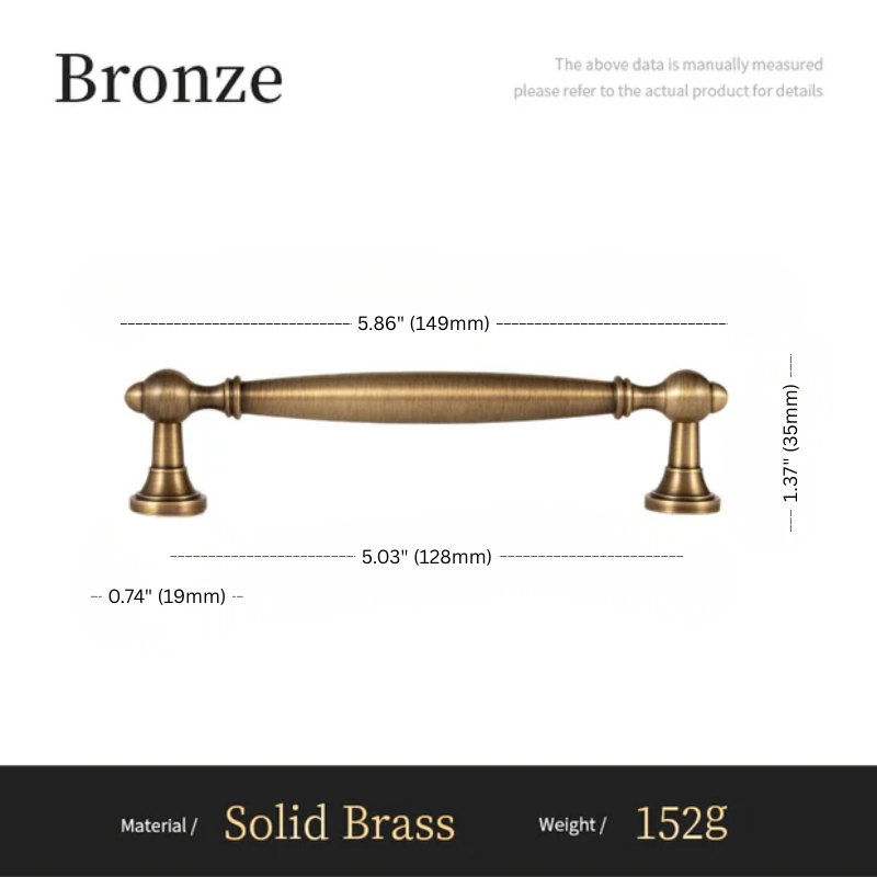 Bronze cabinet handle with dimensions and material details on a white background