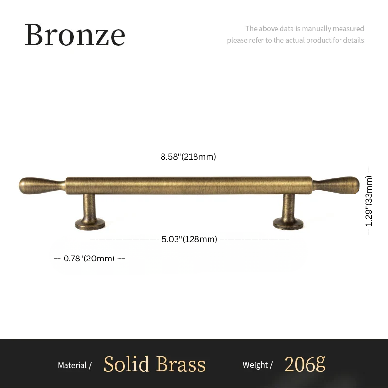 Bronze cabinet handle with dimensions and material details on a white background