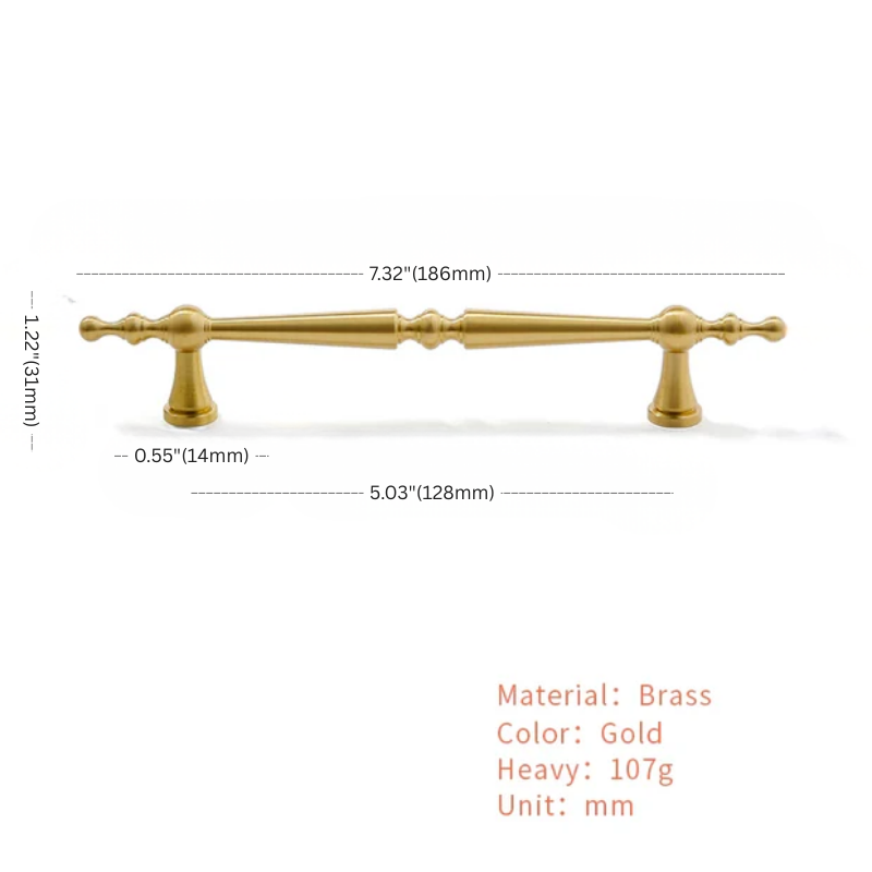 Gold cabinet handle with dimensions and material details on a white background