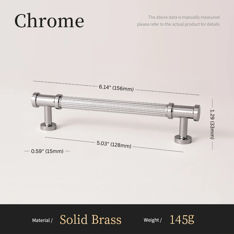 Chrome cabinet handle with dimensions and material details on a beige background