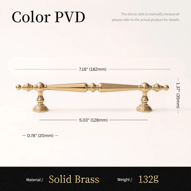 Gold cabinet handle with dimensions and material details on a white background
