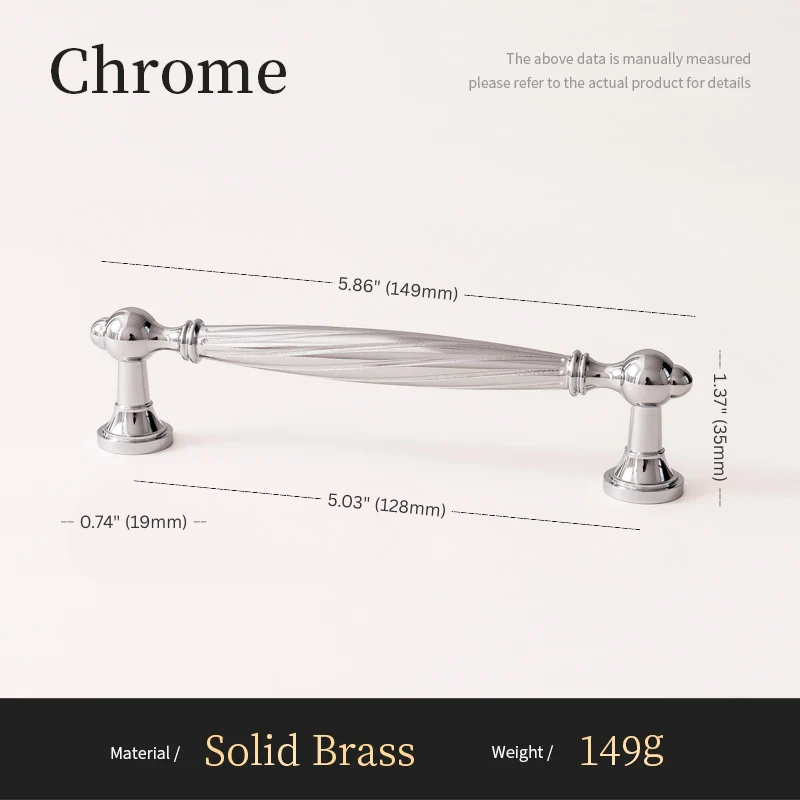 Chrome cabinet handle with dimensions and material details on a white background