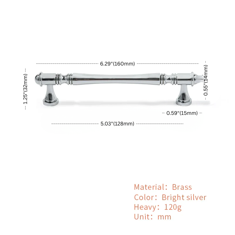 Measurement chart of a brass handle with dimensions and material details.
