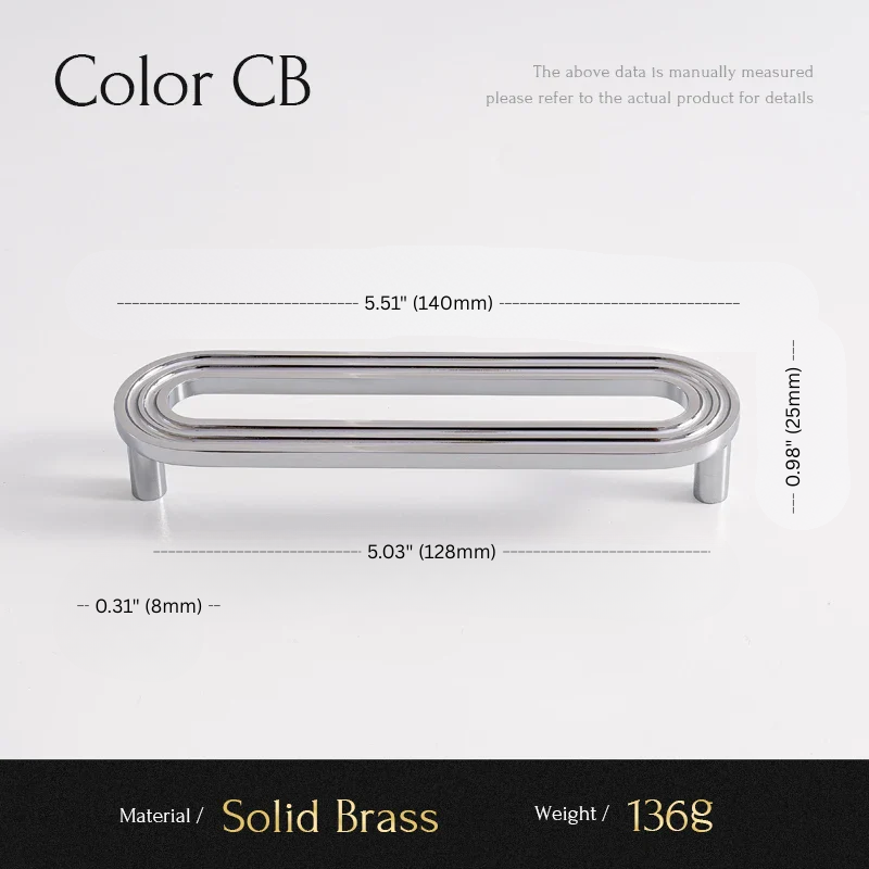 Measurement chart for a solid brass handle with dimensions and weight details.