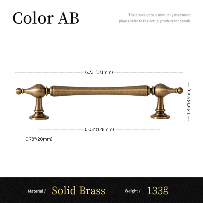 Solid brass cabinet handle with dimensions and material details on a white background