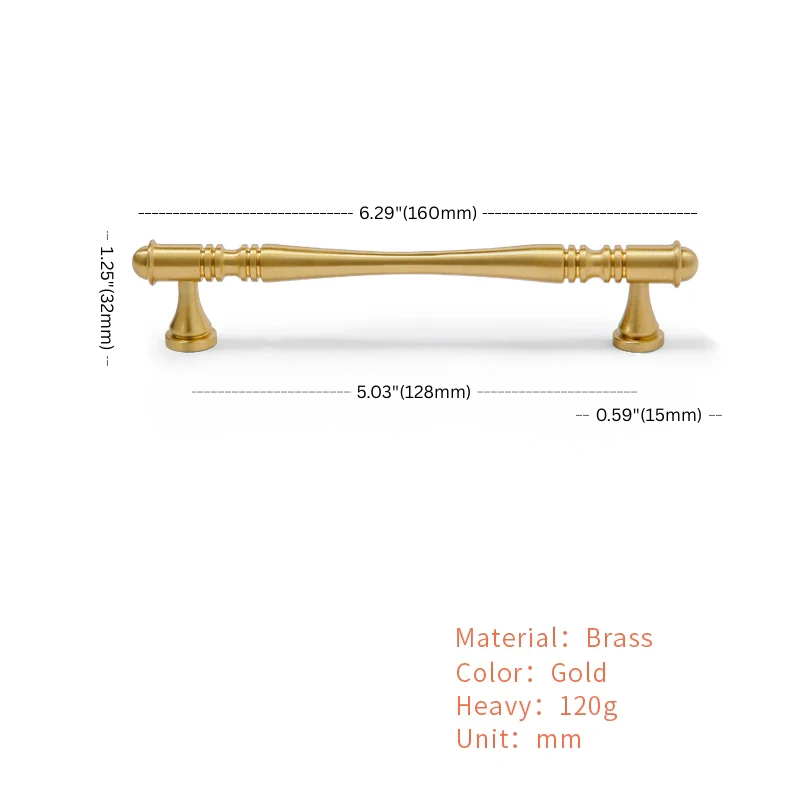 Gold cabinet handle with dimensions and material details on a white background