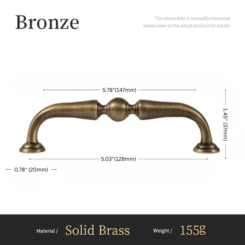 Bronze cabinet handle with dimensions and material details on a white background