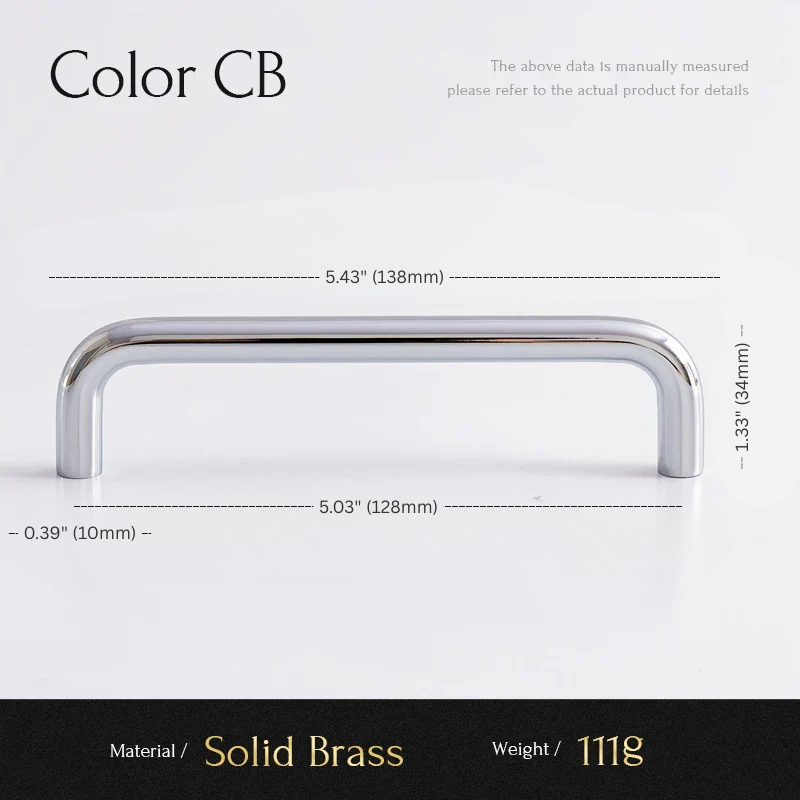Measurement chart for a solid brass handle with dimensions and material details.