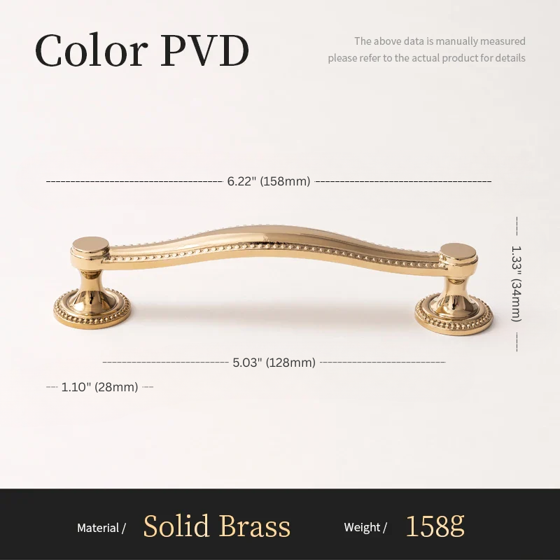 Gold cabinet handle with dimensions and material details on a white background