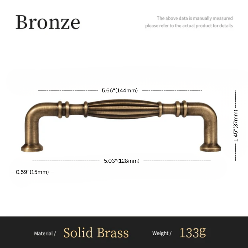 Bronze cabinet handle with dimensions and material details on a white background