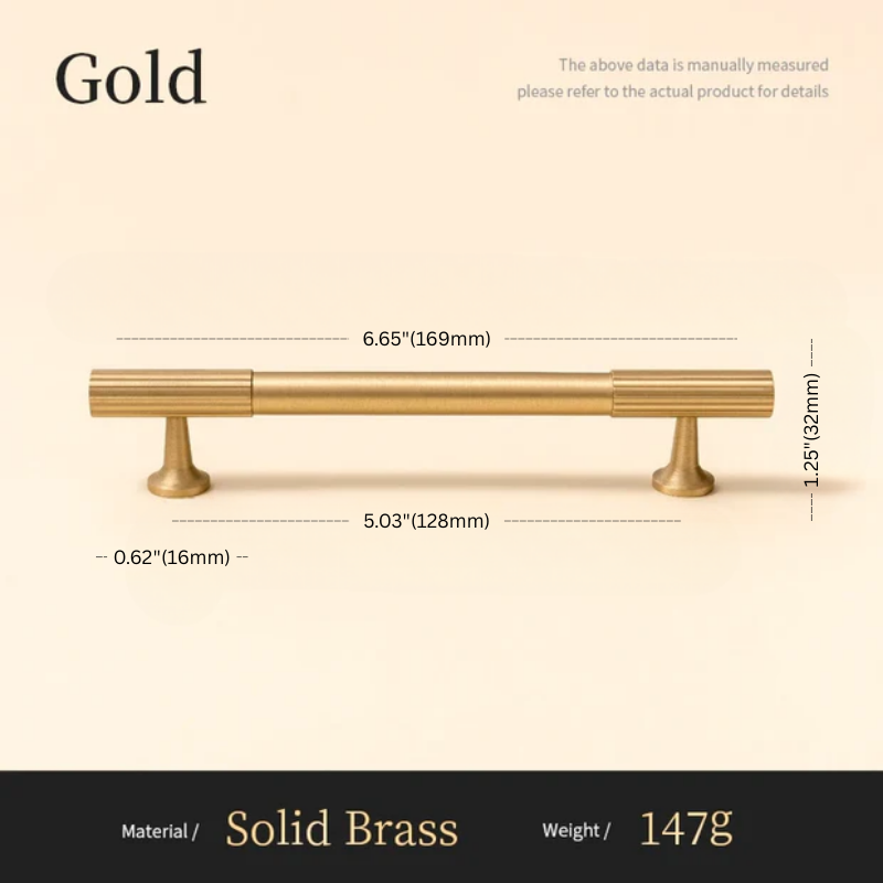 Gold cabinet handle with dimensions and material details on a beige background
