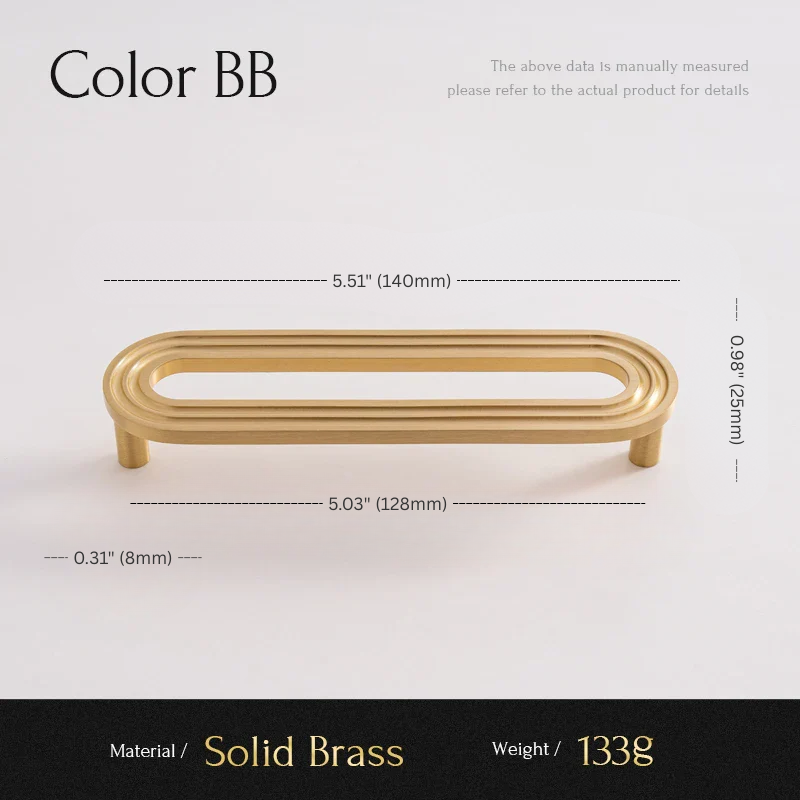 Gold cabinet handle with dimensions and material details on a light gray background