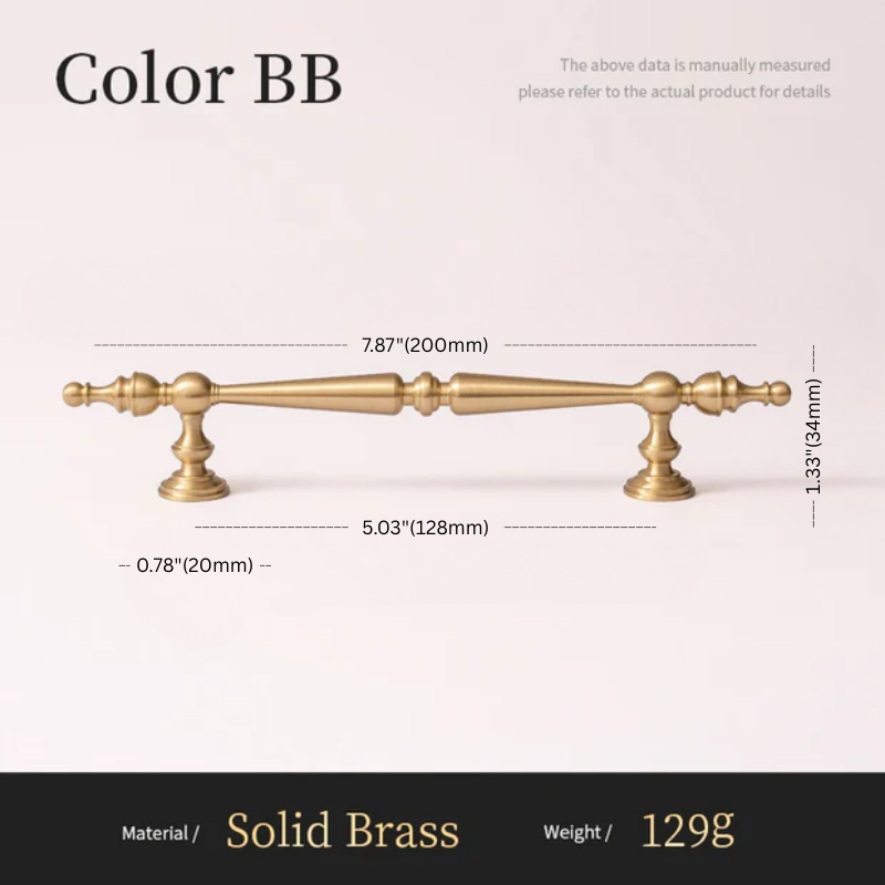 Solid brass handle with dimensions and material details on a white background