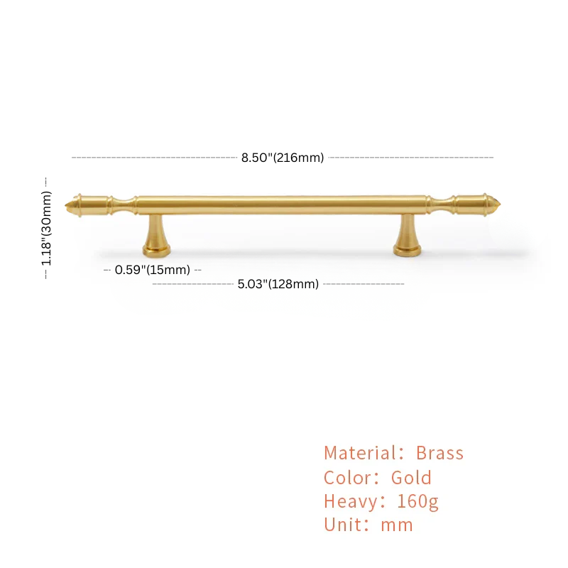 Gold cabinet handle with dimensions and material details on a white background