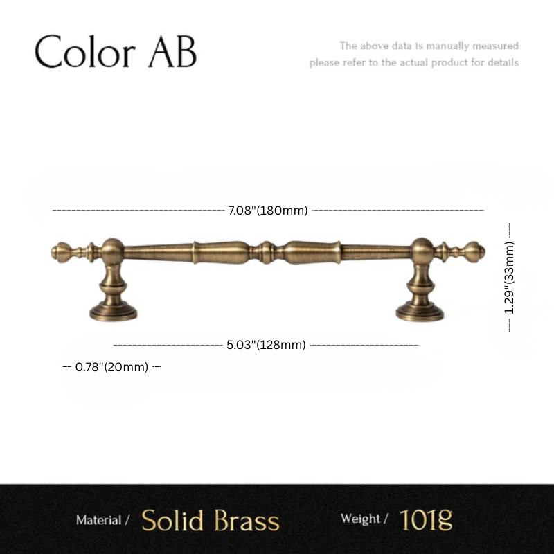 Measurement chart of a solid brass cabinet handle with dimensions and material details.