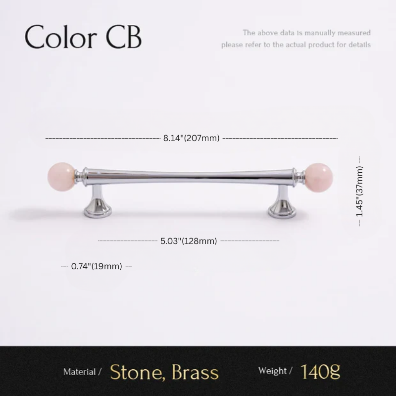 Measurement chart for a cabinet handle with pink stones on a white background