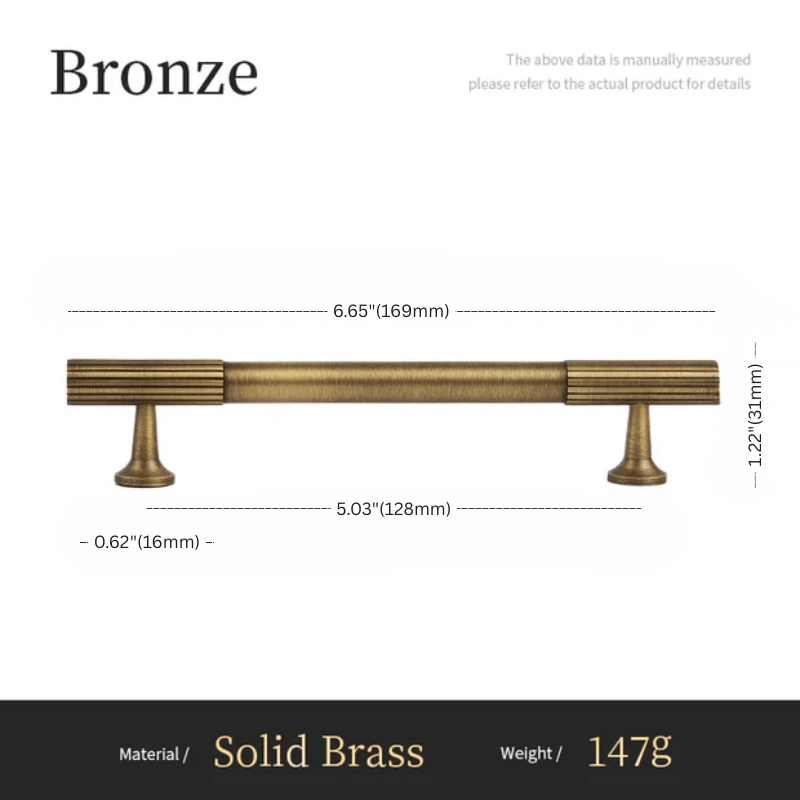 Bronze cabinet handle with dimensions and material details on a white background