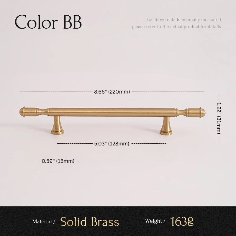 Gold cabinet handle with measurements and material details on a light gray background
