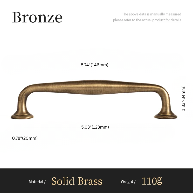 Bronze cabinet handle with dimensions and material details on a white background