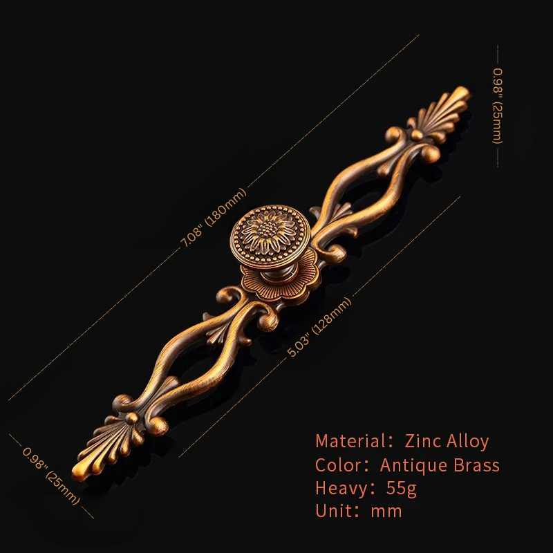 Decorative brass handle with intricate designs on a black background