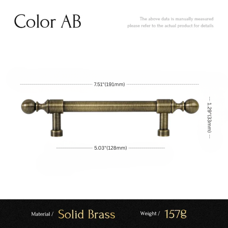 Solid brass pull handle with dimensions and material details on a white background