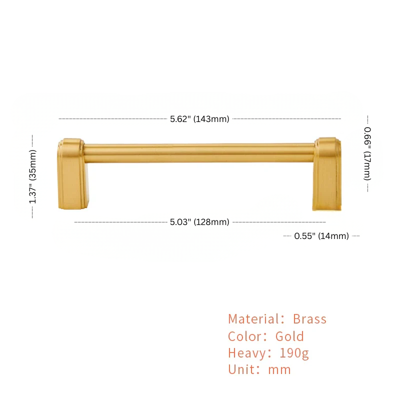 Gold cabinet handle with dimensions and material details on a white background