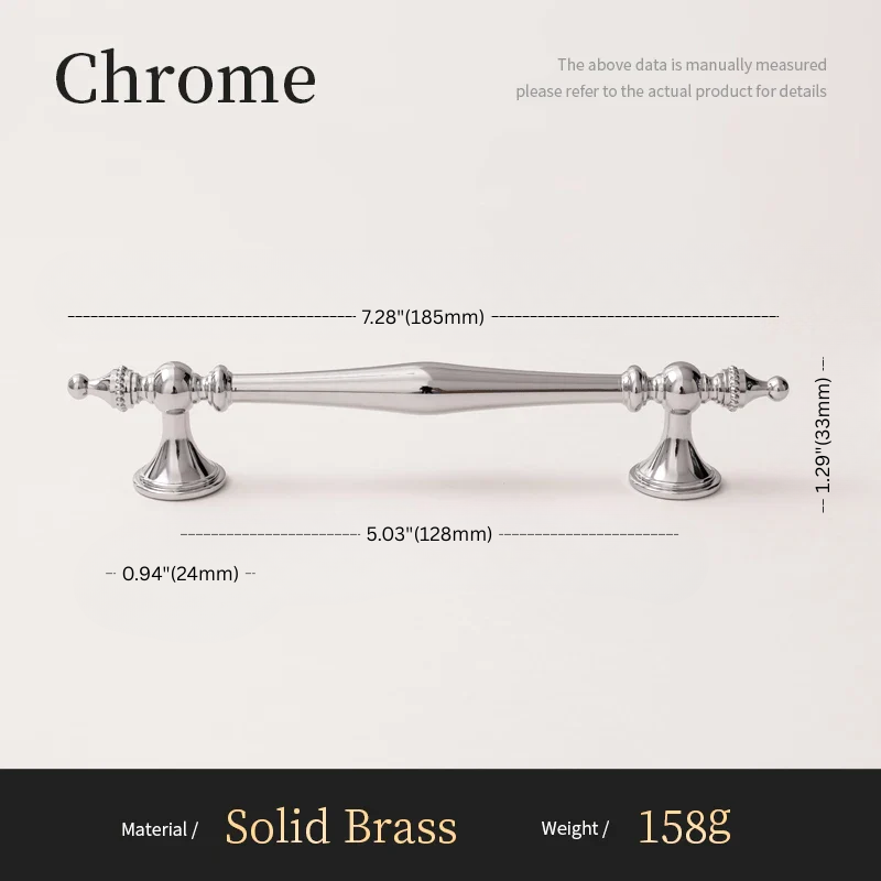 Chrome cabinet handle with dimensions and material details on a white background