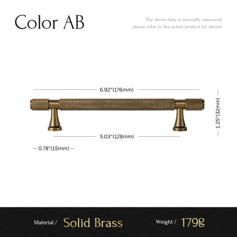 Measurement chart for a solid brass cabinet handle with dimensions and material details.